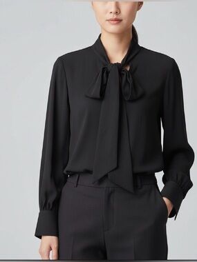 Mango NWT Women's Black Pullover Long-Sleeve Blouse w/ Collar and Tie | Size 4